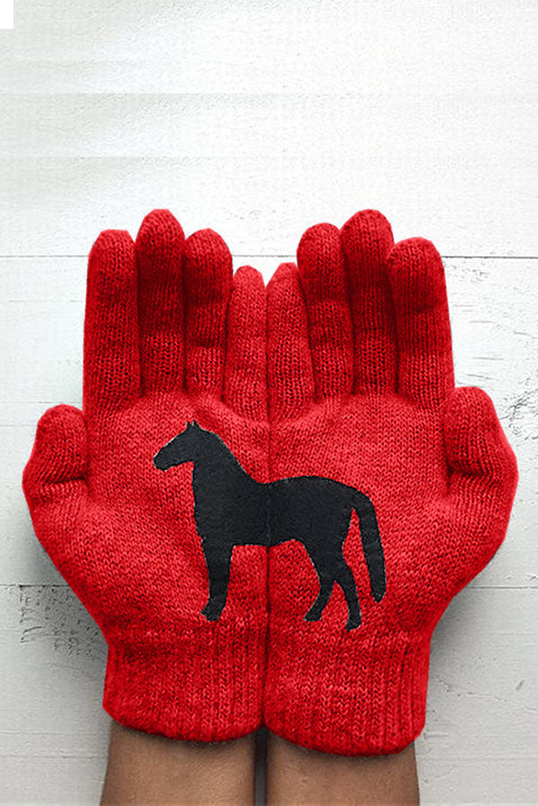 Printed Knitted Gloves Short Thickened Warm Finger Gloves-Dark Horse