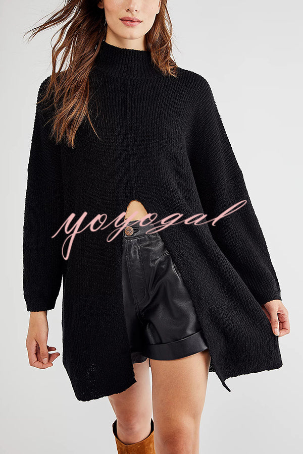 Solid Color Long Sleeve Slit Knitted Sweater