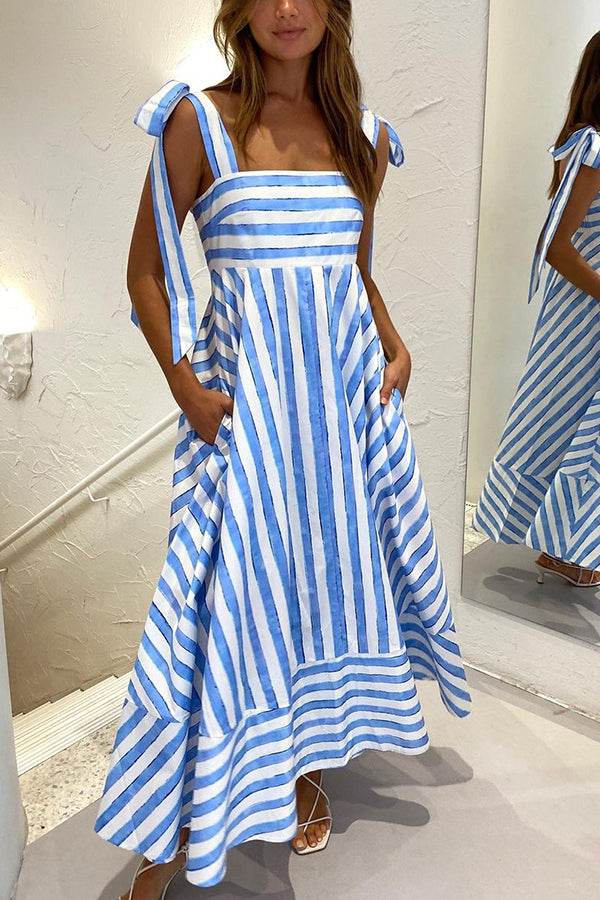 Treasured Times Stripe Print Tie-up Shoulder Pocketed A-line Maxi Dress